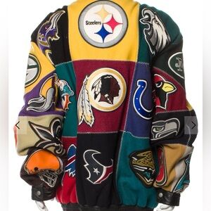 Jeff hamilton x reebok x NFL Team Logo Patchwork Bomber Jacket leather x wool.